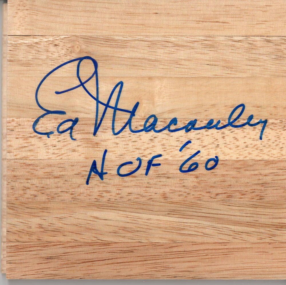 ED MACAULEY SIGNED AUTOGRAPH - PARQUET FLOORBOARD - HALL OF FAME, BOSTON CELTICS