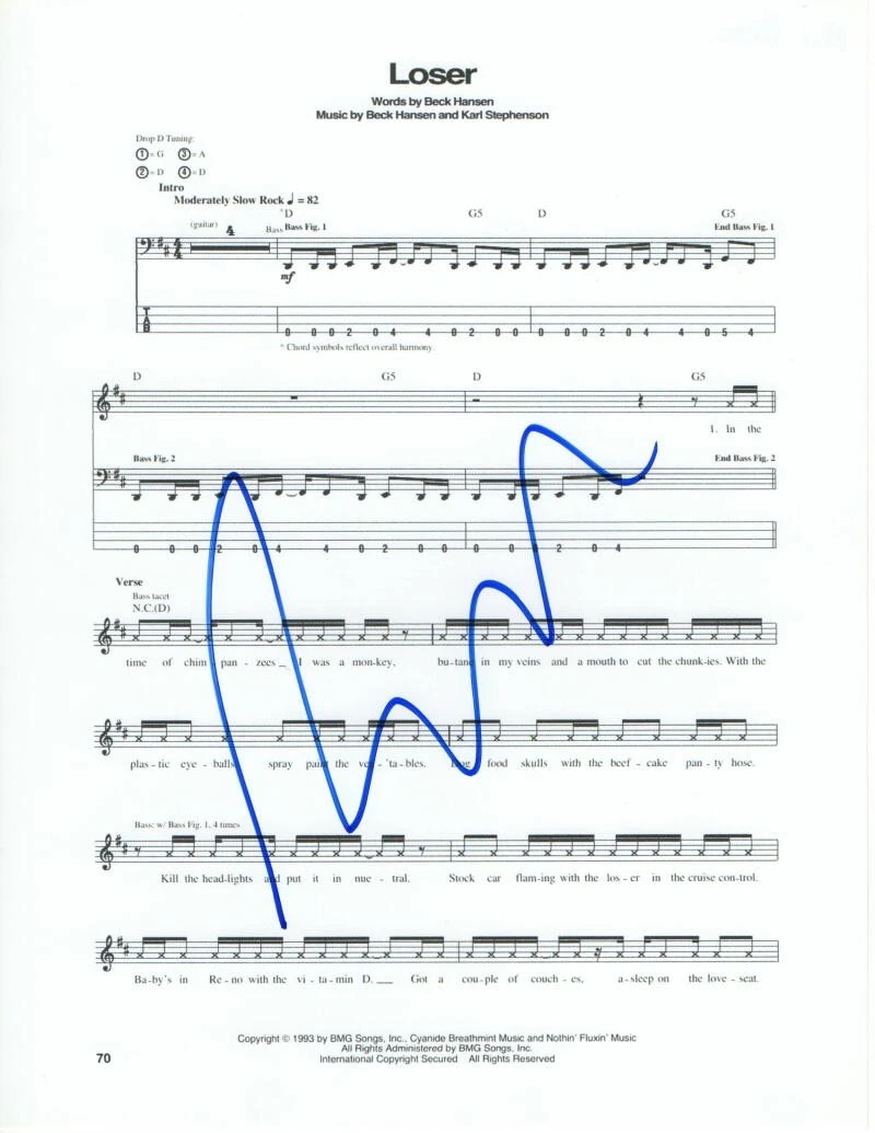 BECK HANSEN SIGNED AUTOGRAPH “LOSER” SHEET MUSIC – ODELAY, SEA CHANGE, RARE! COLLECTIBLE MEMORABILIA
