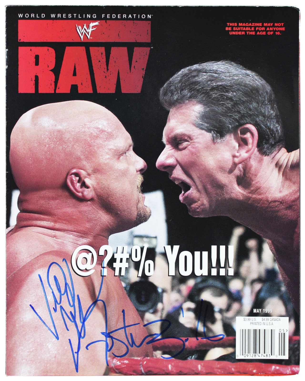 VINCE MCMAHON & STEVE AUSTIN SIGNED MAY 1999 WWE RAW MAGAZINE COVER BAS #AE64010 COLLECTIBLE MEMORABILIA