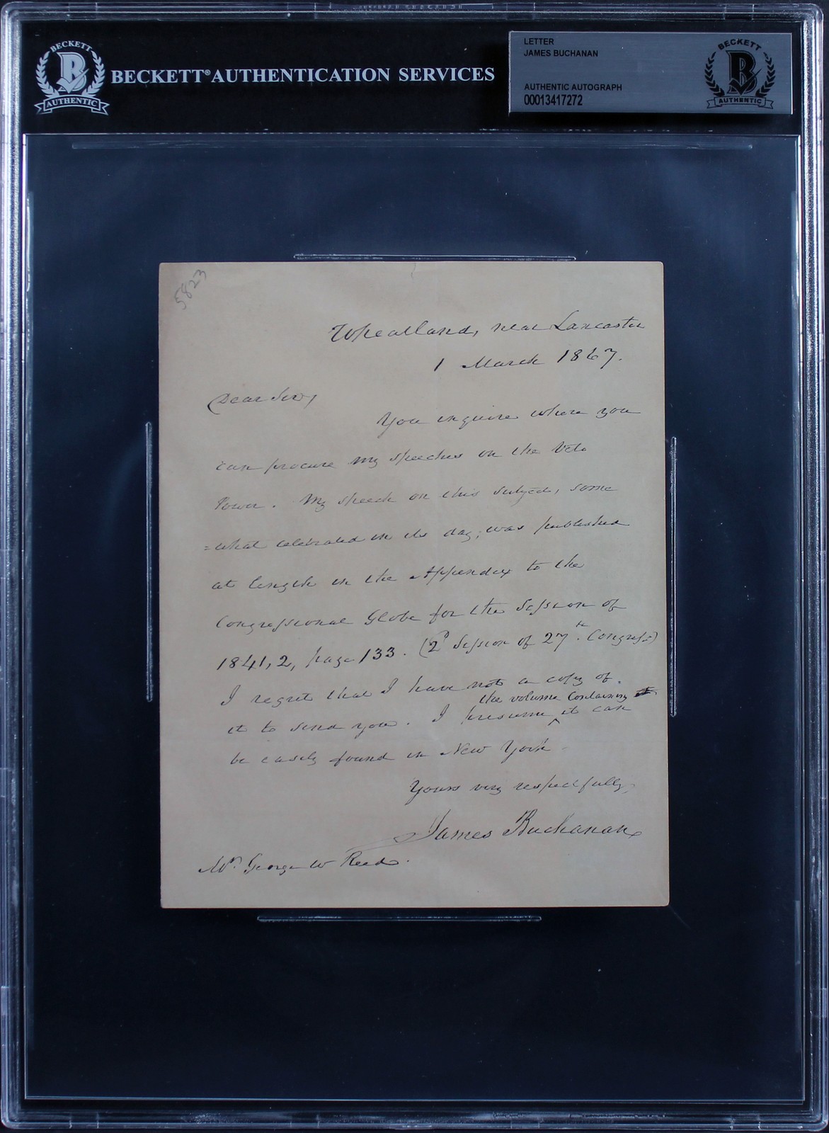 James Buchanan Authentic Signed 5.5x7 1867 Handwritten Letter BAS Slabbed