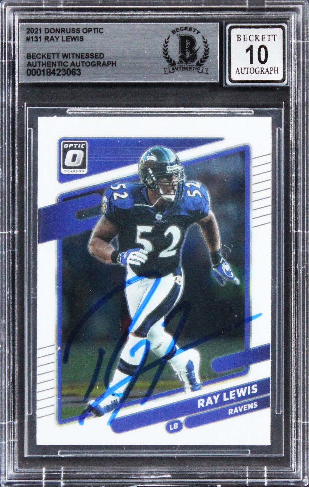 Ravens Ray Lewis Signed 2021 Donruss Optic #131 Card Auto Grade 10! BAS Slabbed