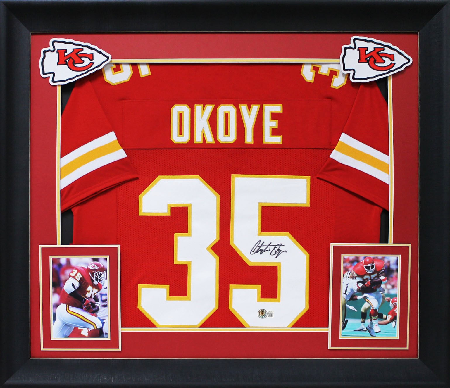 Christian Okoye Authentic Signed Red Pro Style Framed Jersey BAS Witnessed
