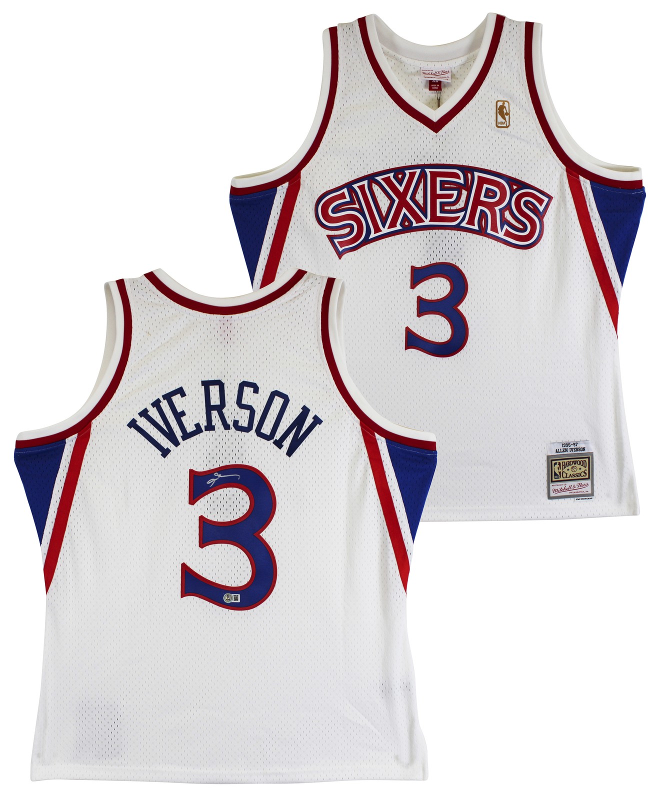 76ers Allen Iverson Signed White 1996-97 M&N HWC Swingman Jersey BAS Witnessed