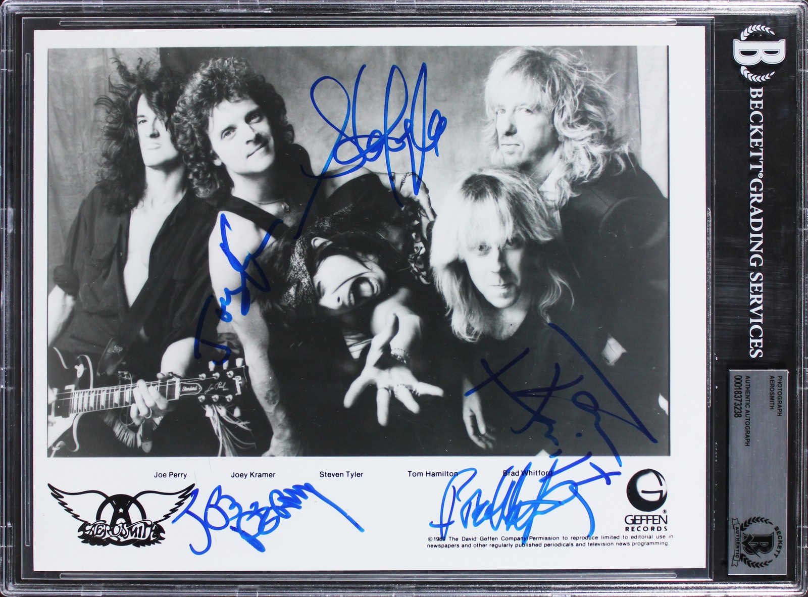 Aerosmith (5) Tyler, Perry, Hamilton, Whitford +1 Signed 8x10 Photo BAS Slabbed