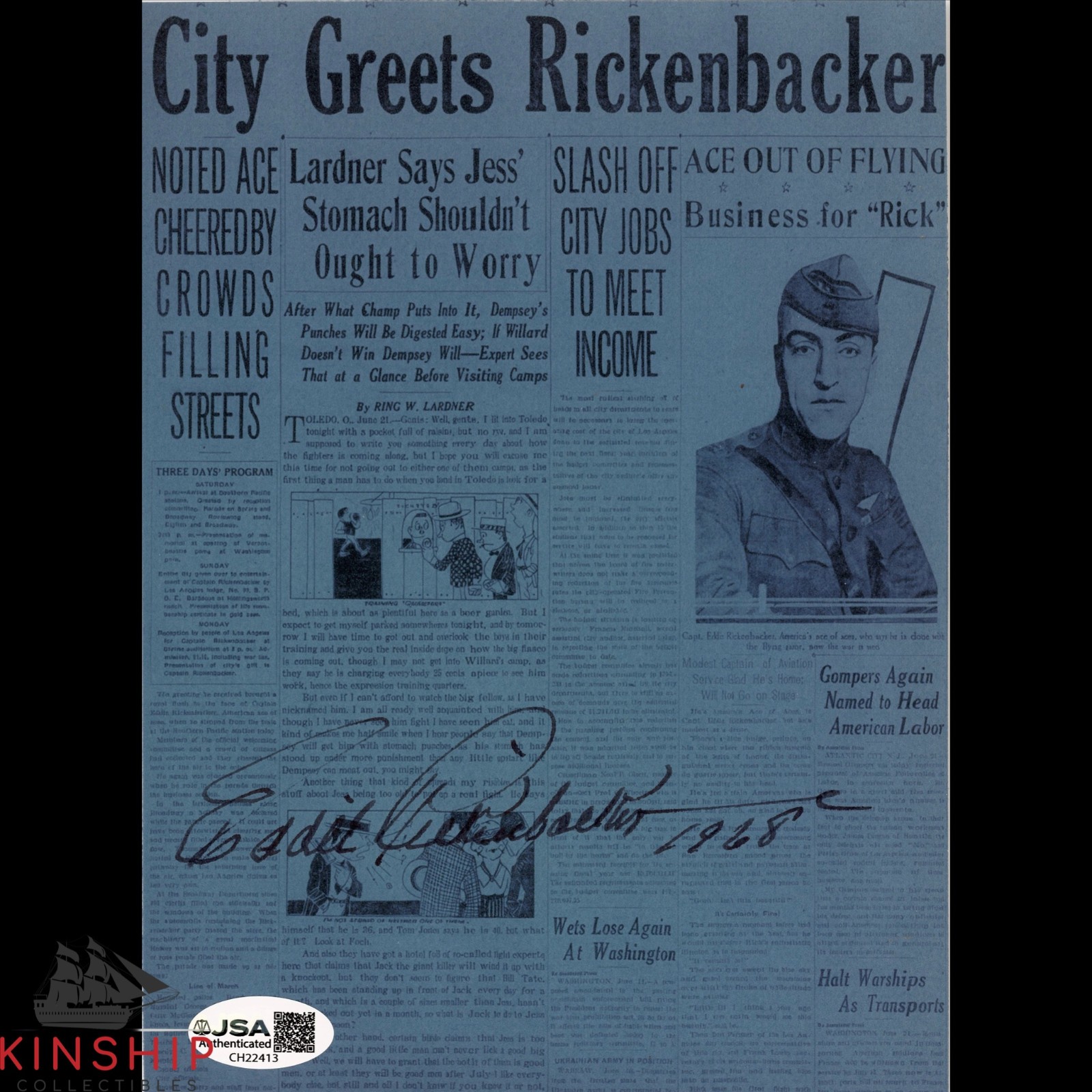 Eddie Rickenbacker signed Print JSA COA WWI Military MOH Auto Rare Bold Z2307