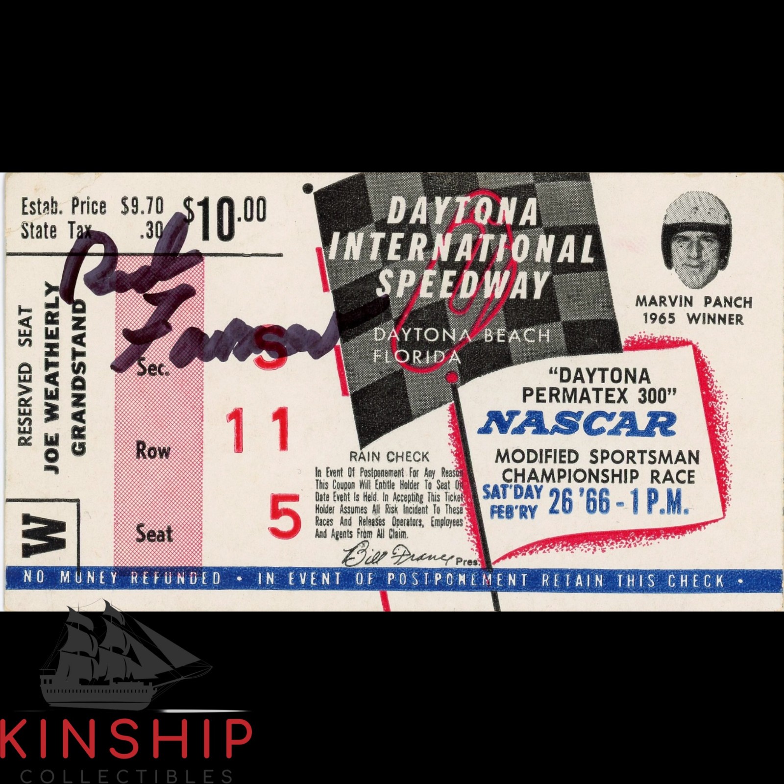 RED FARMER SIGNED 1966 DAYTONA PERMATEX 300 TICKET JSA COA NASCAR AUTO Z2308 COLLECTIBLE MEMORABILIA