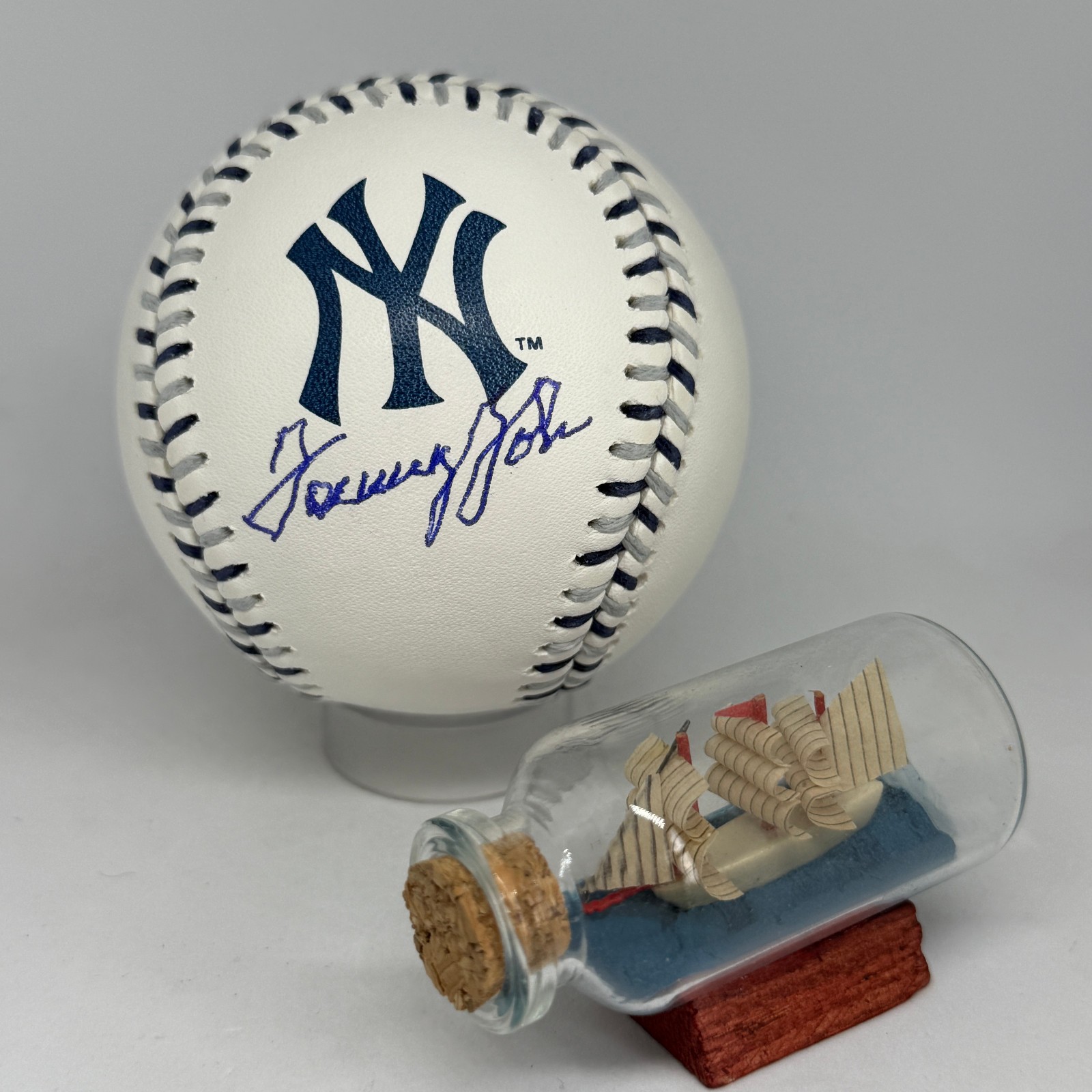Tommy John signed Rawlings Yankees Team Stitch Logo Baseball JSA COA Auto A4087