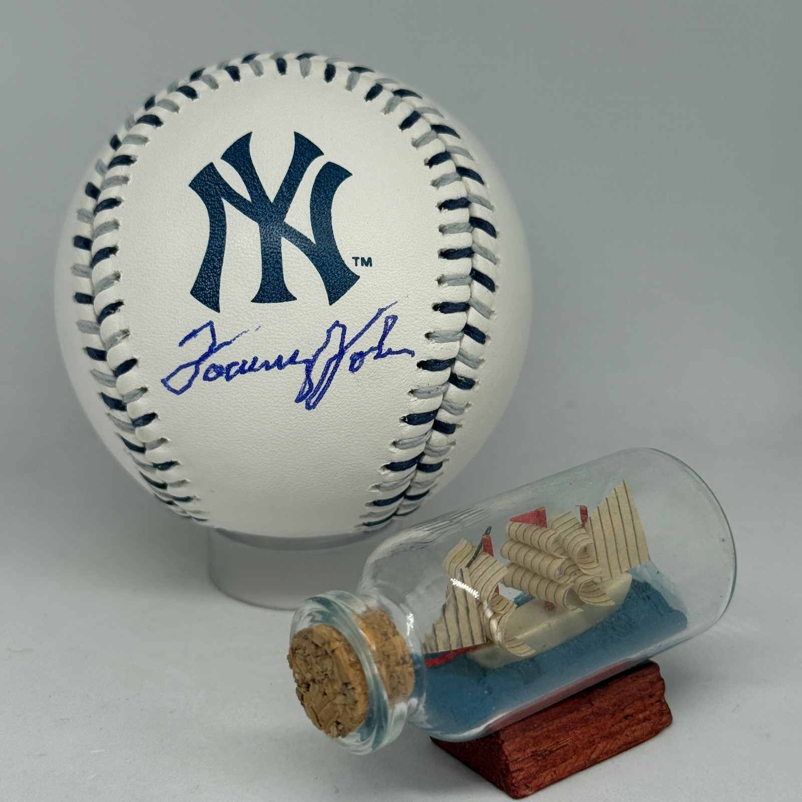 Tommy John signed Rawlings Yankees Team Stitch Logo Baseball JSA COA Auto A4095