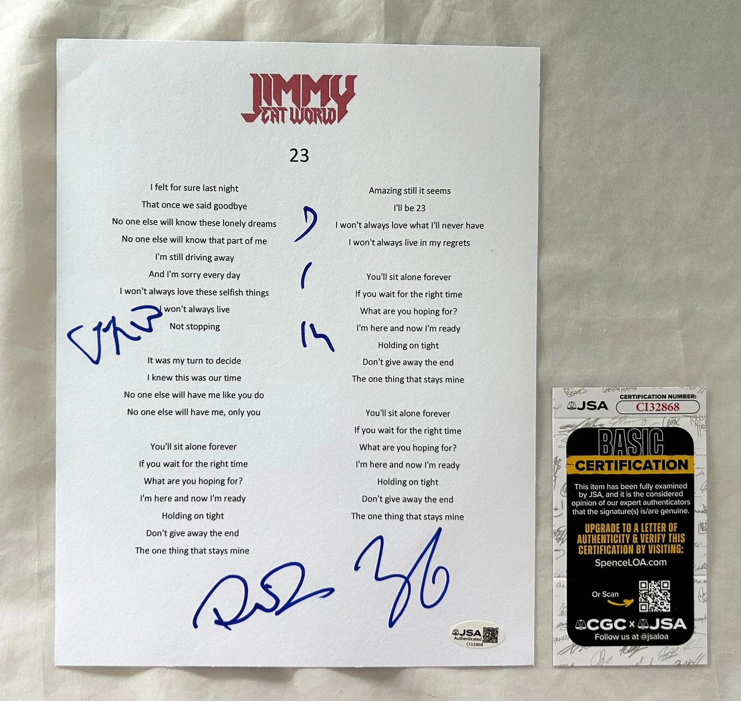 Jimmy Eat World Signed Lyric Sheet Jim Adkins Lind Linton Burch JSA 1 COA