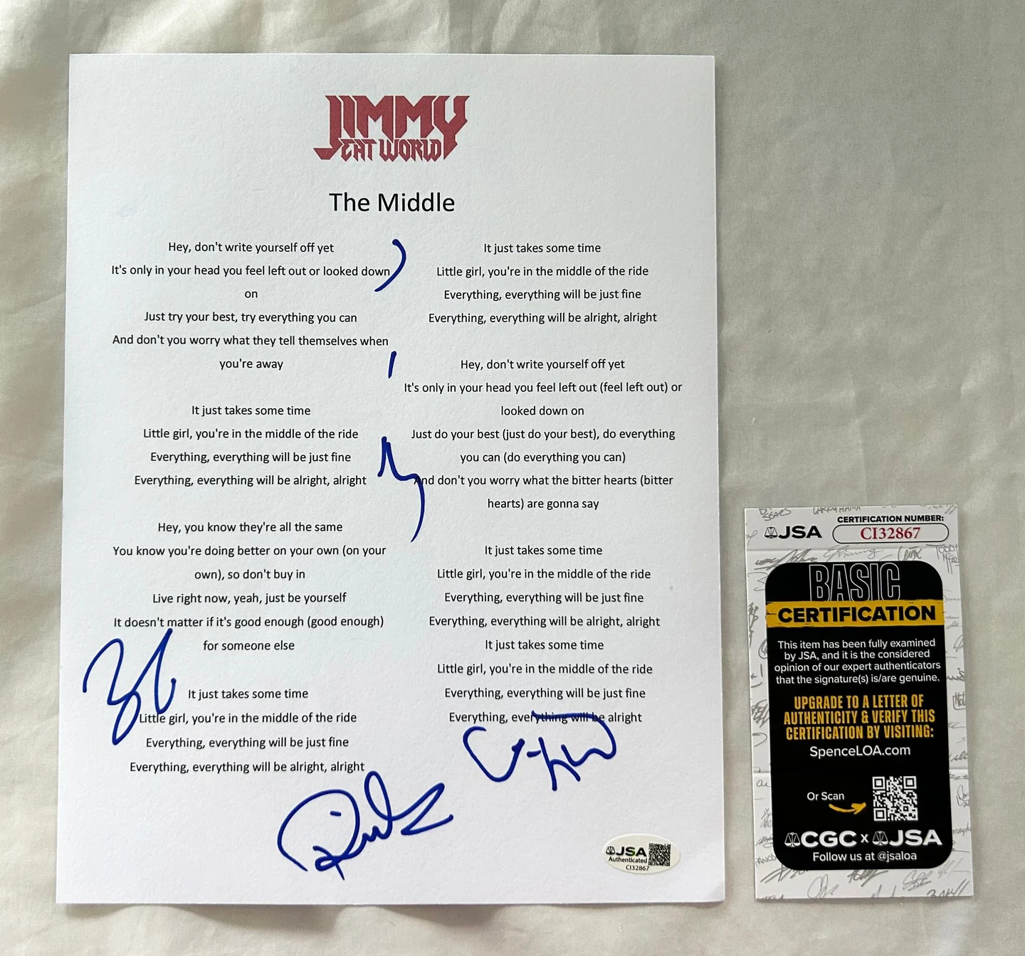 Jimmy Eat World Signed Lyric Sheet Jim Adkins Lind Linton Burch JSA COA