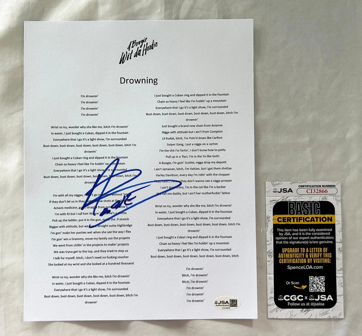 A Boogie Wit Da Hoodie Signed Lyric Sheet JSA COA