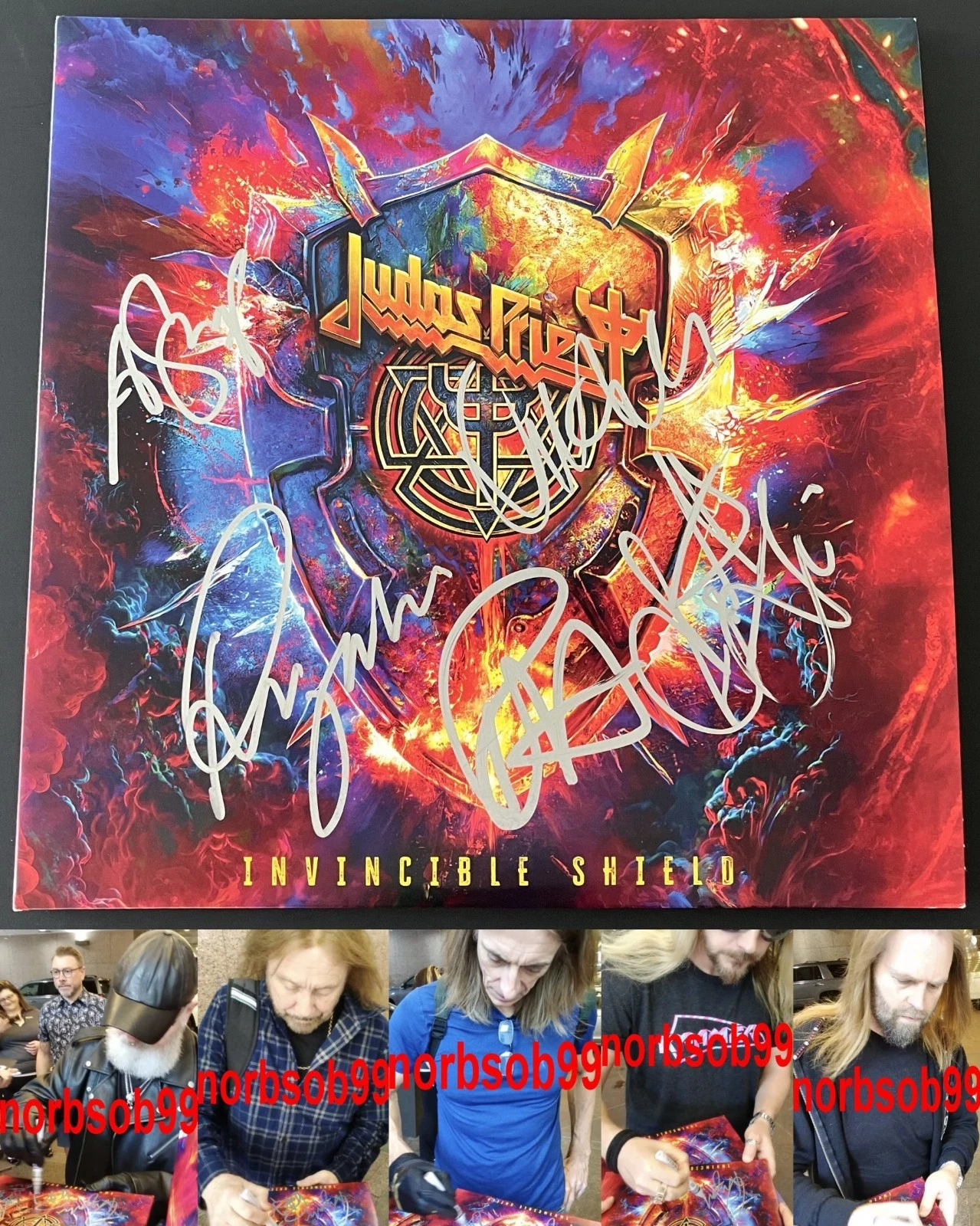 JUDAS PRIEST SIGNED INVINCIBLE SHIELD VINYL LP ROB HALFORD +4 w/EXACT PROOF COA