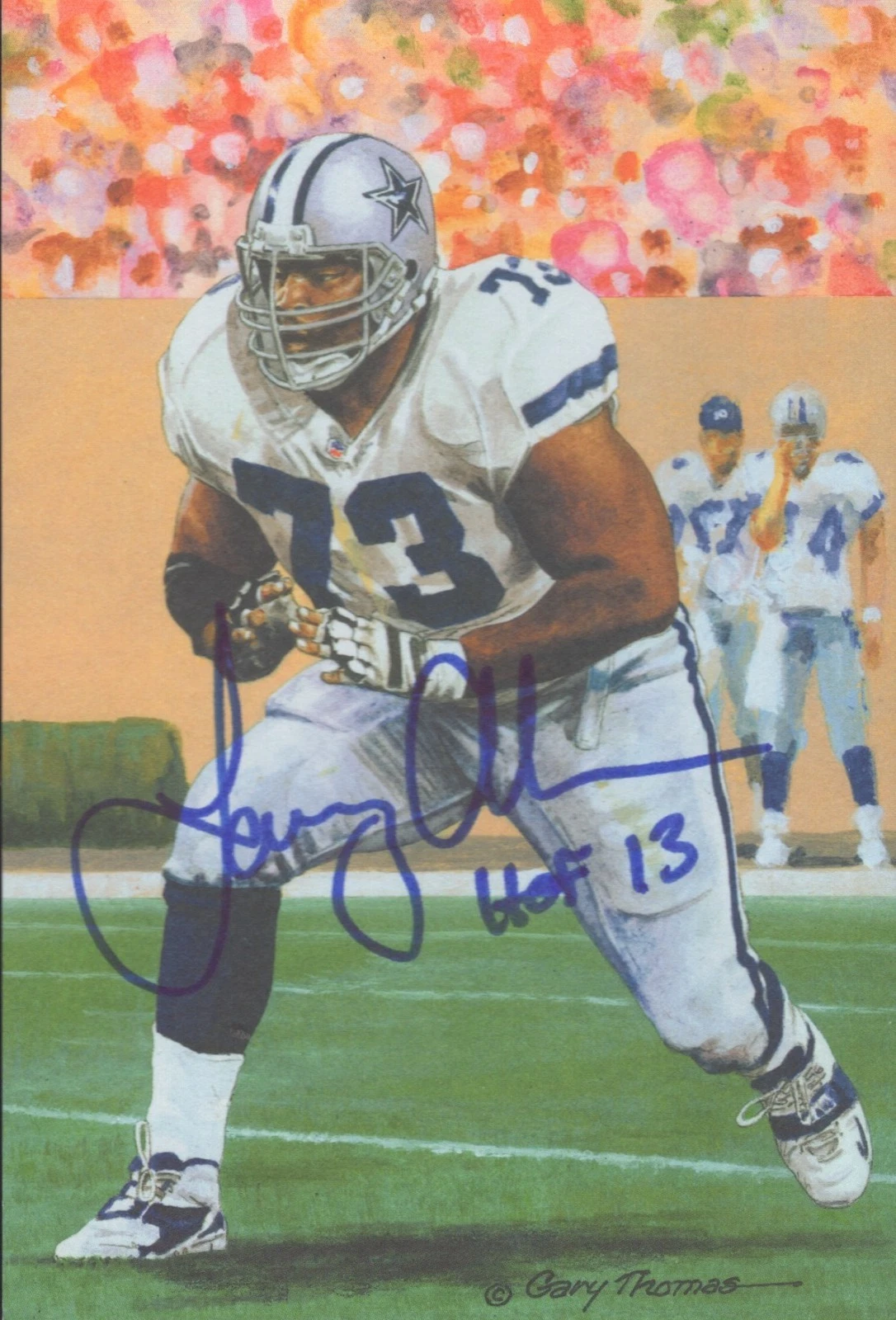 LARRY ALLEN DALLAS COWBOYS HOF 13 LINE ART SIGNED AUTOGRAPHED CARD JSA W529548