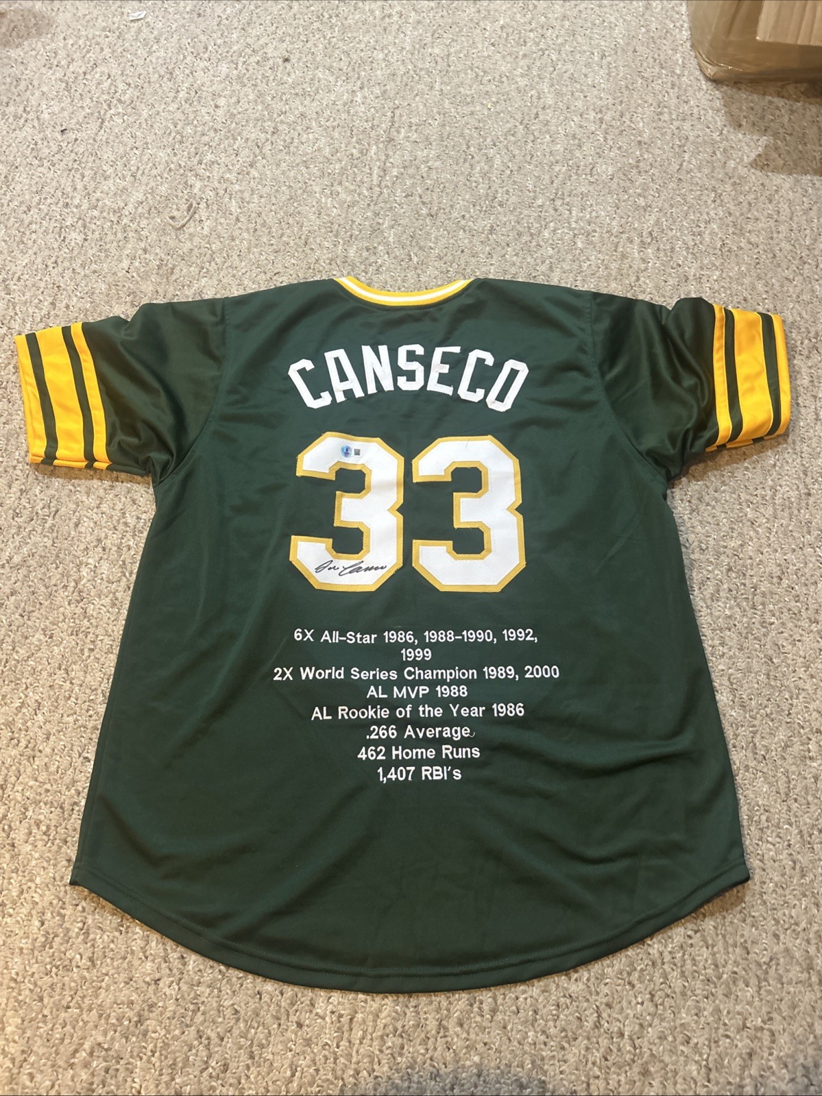 OAKLAND ATHLETICS- JOSE CANSECO SIGNED AUTOGRAPH STAT JERSEY BECKETT COA BAS