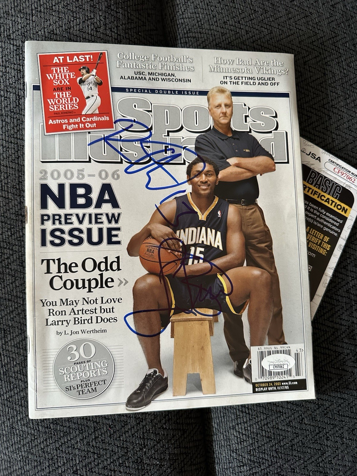 Larry Bird Ron Artest Signed Sports Illustrated JSA Authentication COA