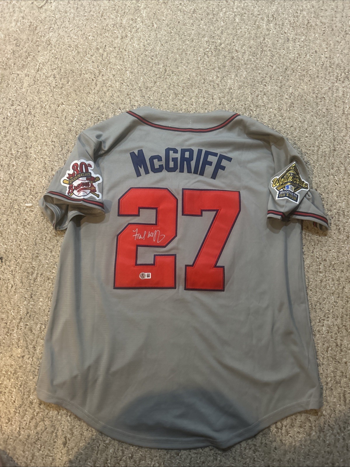 ATLANTA BRAVES- FRED MCGRIFF SIGNED AUTOGRAPH JERSEY BECKETT COA 95 WORLD SERIES