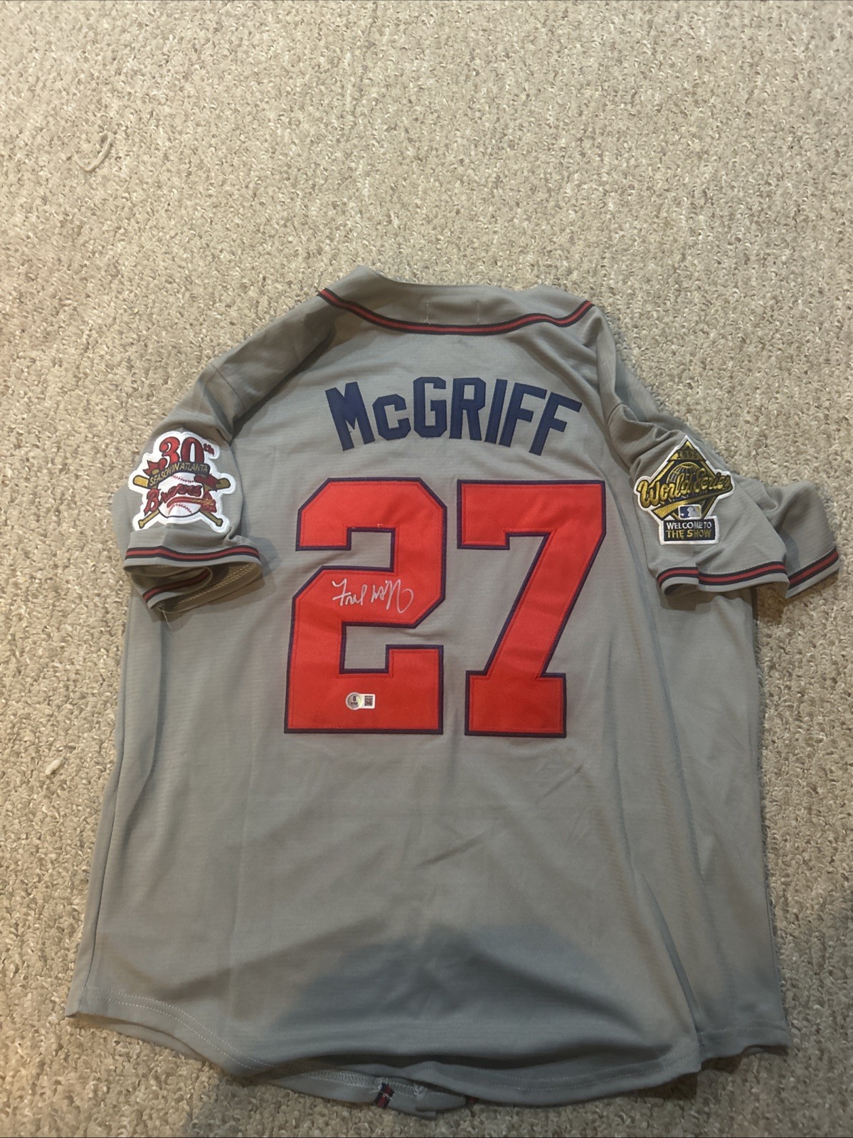 ATLANTA BRAVES- FRED MCGRIFF SIGNED AUTOGRAPH JERSEY BECKETT COA 95 WORLD SERIES