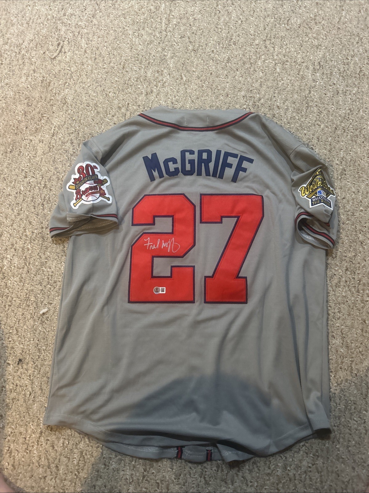 ATLANTA BRAVES- FRED MCGRIFF SIGNED AUTOGRAPH JERSEY BECKETT COA 95 WORLD SERIES