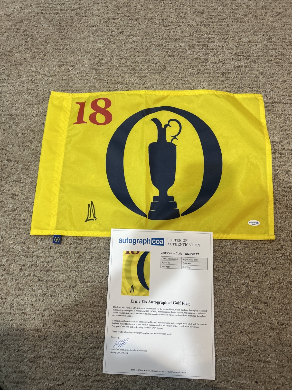 ERNIE ELS SIGNED AUTOGRAPH BRITISH OPEN PIN FLAG ACOA FULL LETTER COA THE OPEN