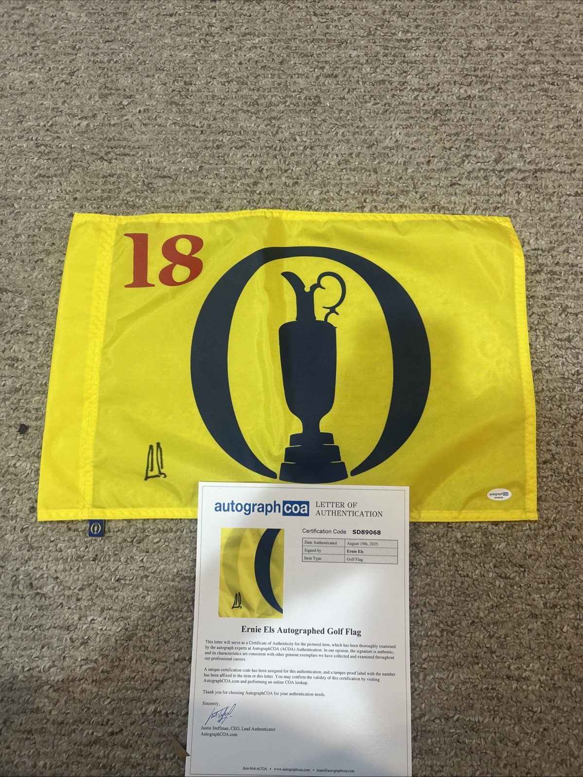 ERNIE ELS SIGNED AUTOGRAPH BRITISH OPEN PIN FLAG ACOA FULL LETTER COA THE OPEN