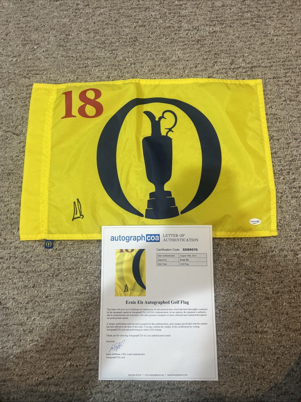 ERNIE ELS SIGNED AUTOGRAPH BRITISH OPEN PIN FLAG ACOA FULL LETTER COA THE OPEN
