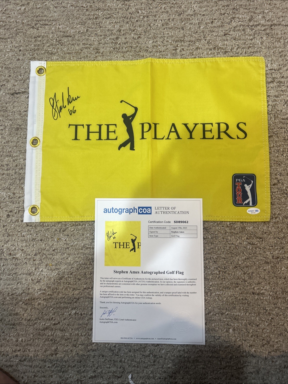 STEPHEN AMES SIGNED AUTOGRAPH THE PLAYERS GOLF PIN FLAG ACOA LETTER COA PGA