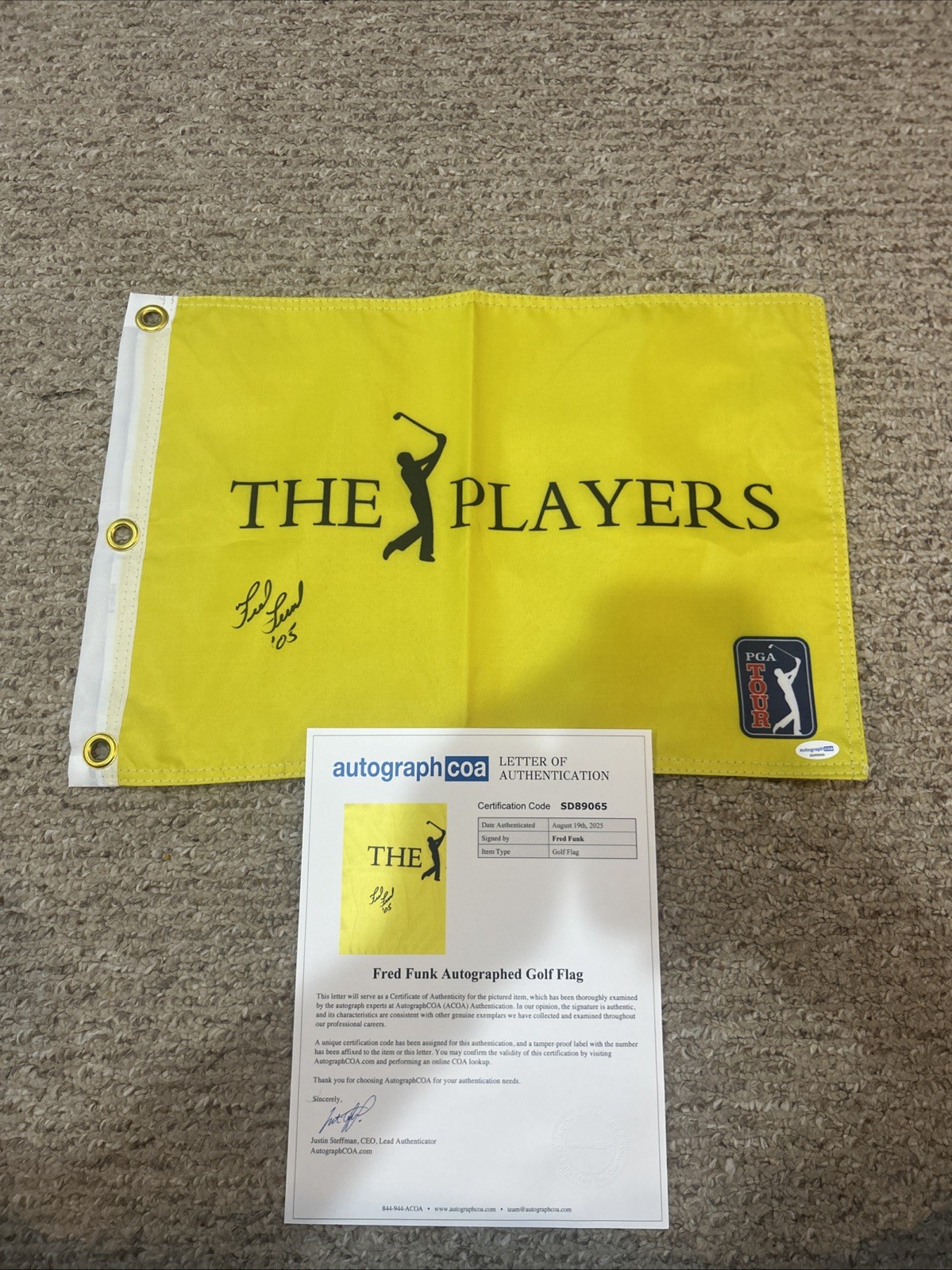 FRED FUNK SIGNED AUTOGRAPH THE PLAYERS GOLF PIN FLAG ACOA LETTER COA PGA