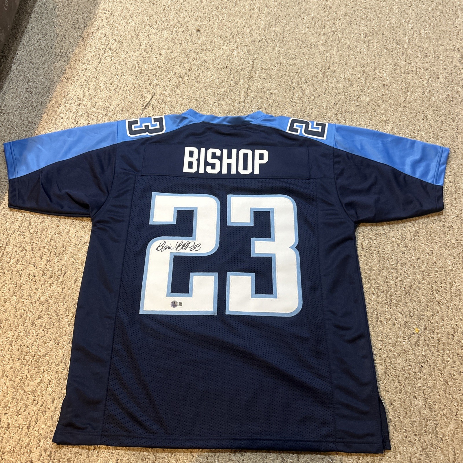 TENNESSEE TITANS- BLAINE BISHOP SIGNED AUTOGRAPH JERSEY BECKETT COA BAS OILERS