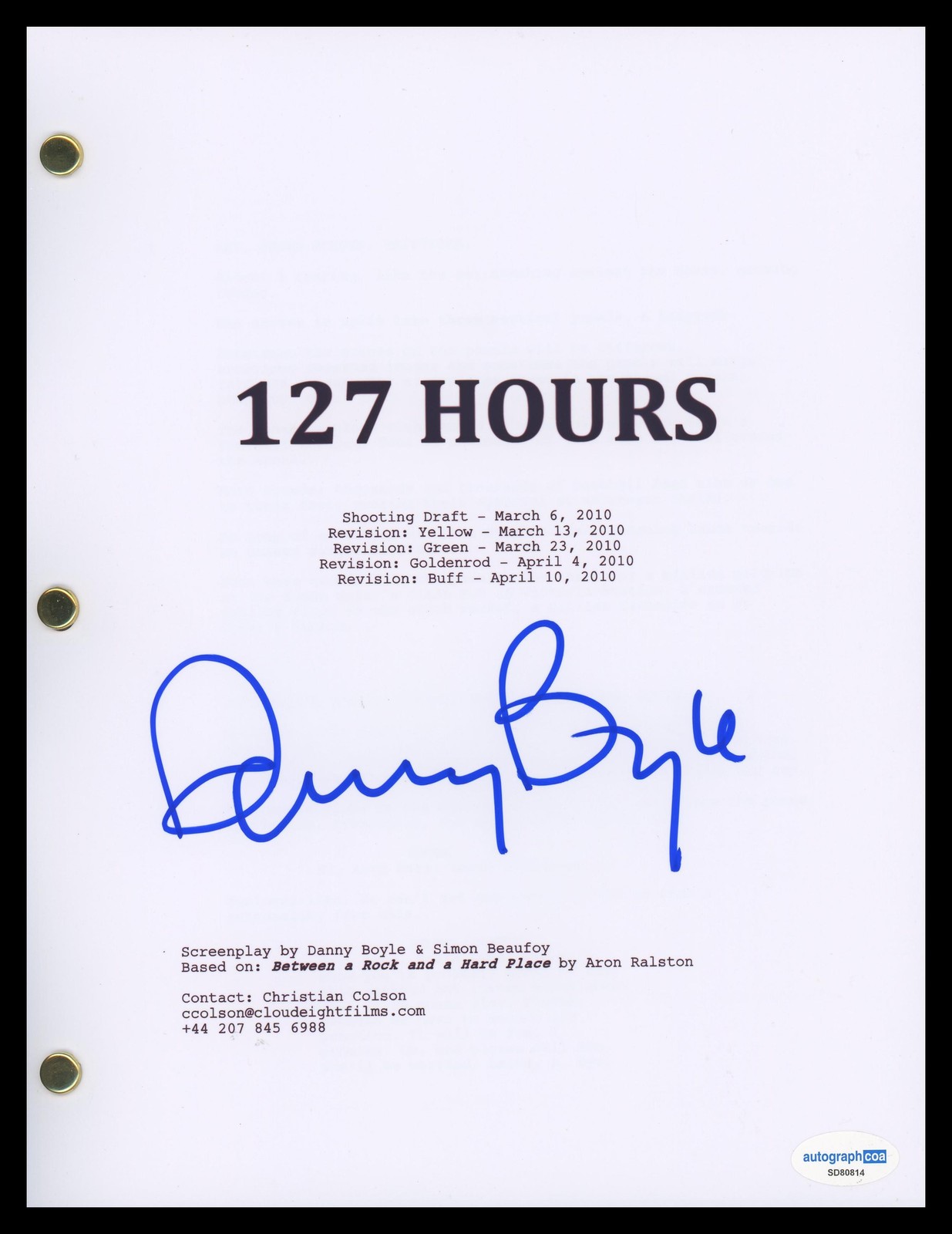 DANNY BOYLE “127 HOURS” DIRECTOR AUTOGRAPH SIGNED FULL SCRIPT SCREENPLAY ACOA COLLECTIBLE MEMORABILIA