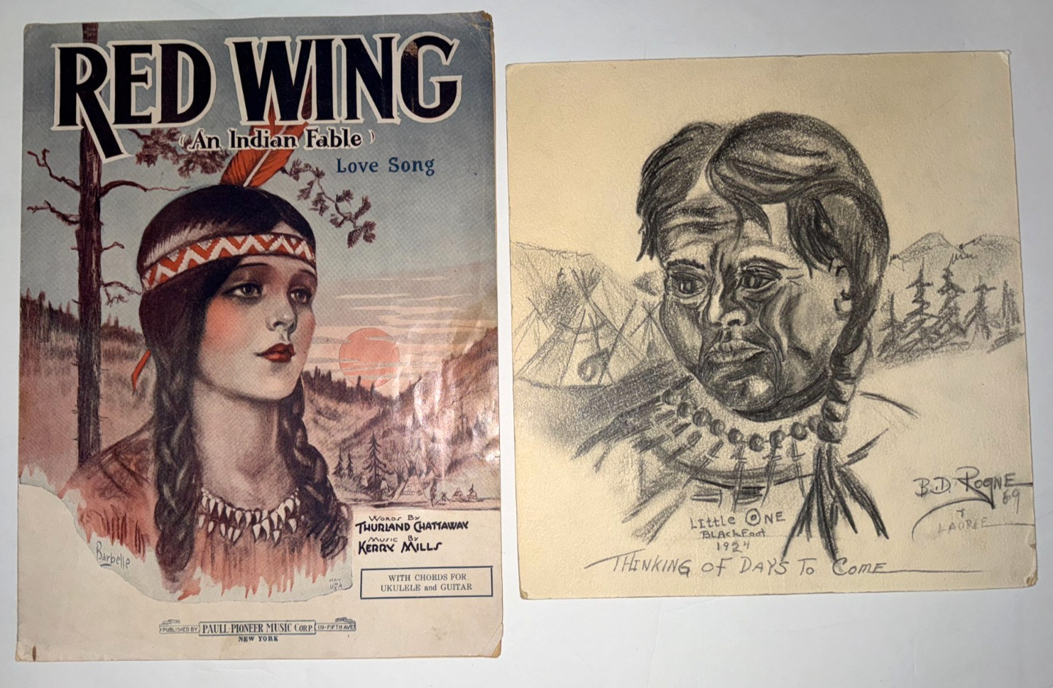 Red Wing Indian Fable Love Song 1907 Sheet Music ORIGINAL Blackfoot Charcoal Art