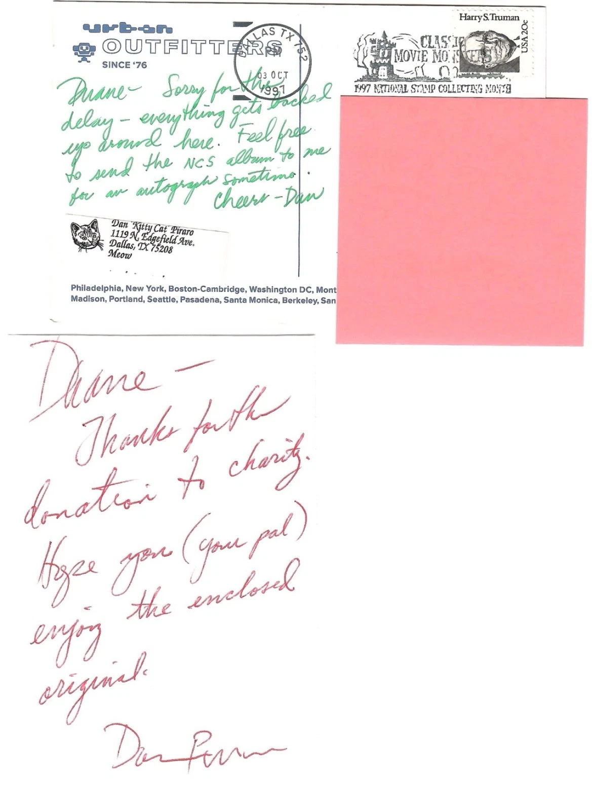 DAN PIRARO LOT OF 2 HAND SIGNED+HAND WRITTEN NOTES+COA        BIZARRO CARTOONIST