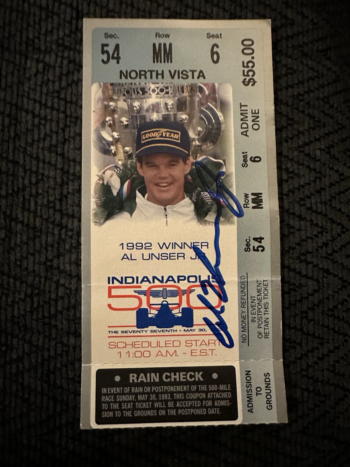 Al Unser Jr 1992 Winner Signed Indianapolis Indy 500 Ticket 1993 Race Autograph
