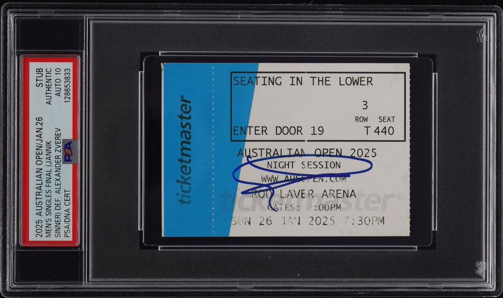 Jannik Sinner Signed 2025 Australian Open Champion Ticket Stub PSA GEM 10 AUTO