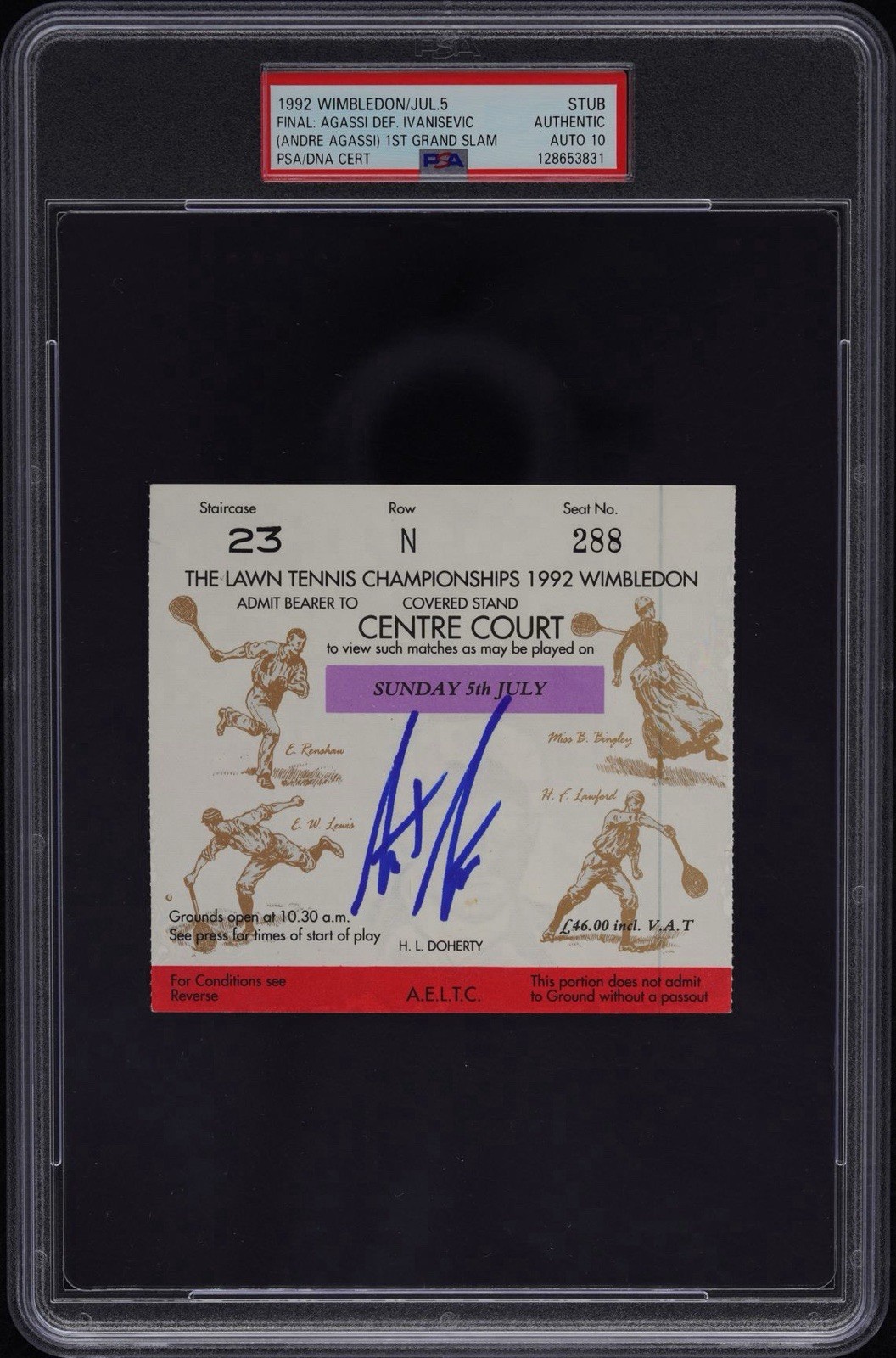 ANDRE AGASSI SIGNED 1992 WIMBLEDON CHAMPION 1ST GRAND SLAM TICKET PSA GM 10 AUTO COLLECTIBLE MEMORABILIA