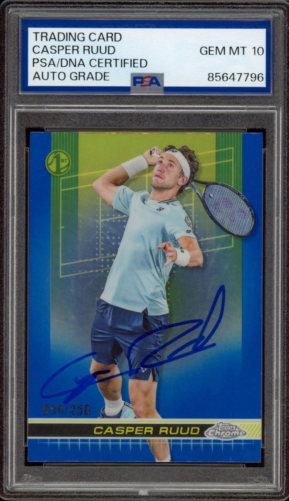 2024 Topps Chrome #75 Casper Ruud Signed 1st Blue Refractor /250 PSA GEM 10 AUTO