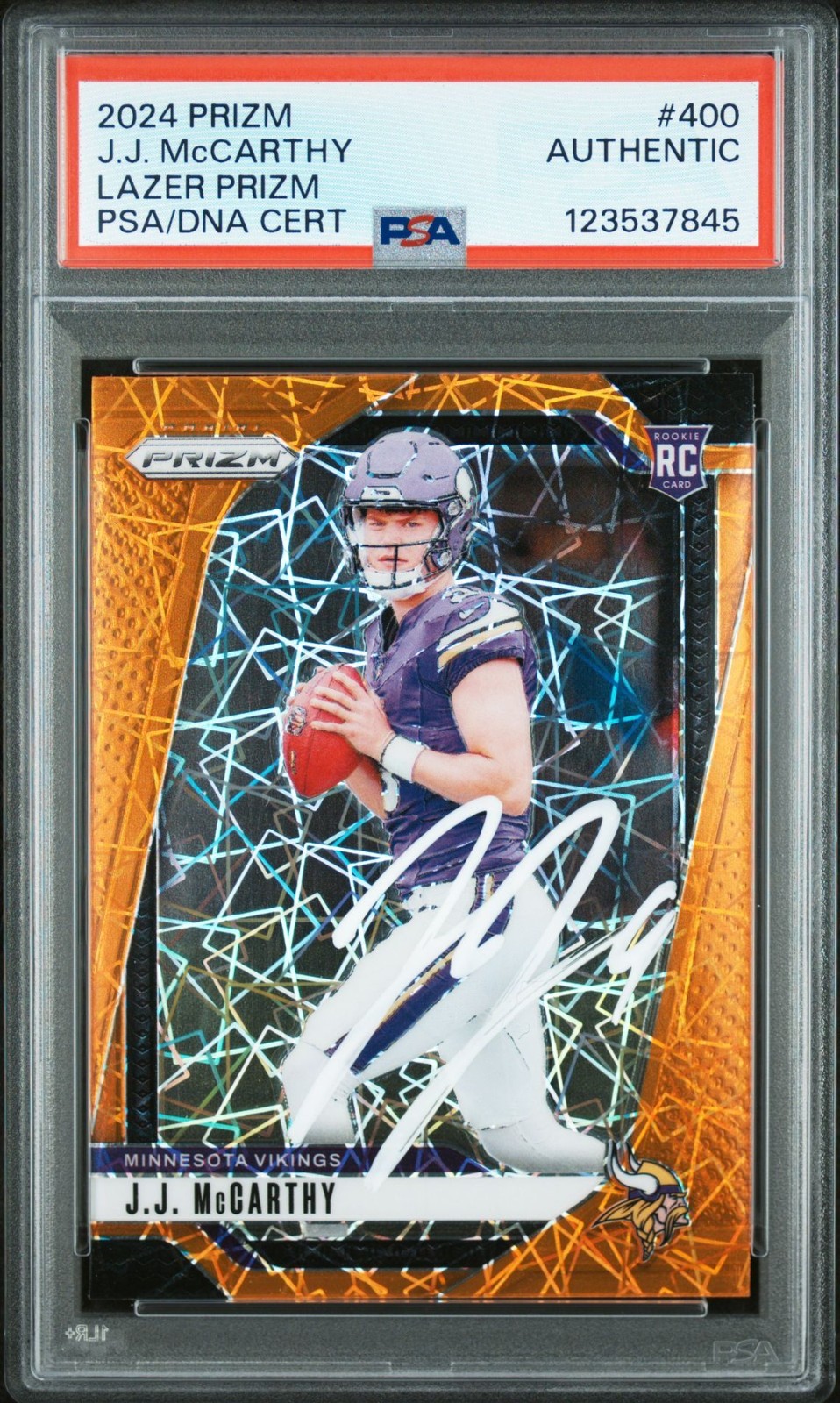 JJ McCarthy Signed 2024 Panini Prizm Rookies #400 Orange LazerRC Auto PSA/DNA