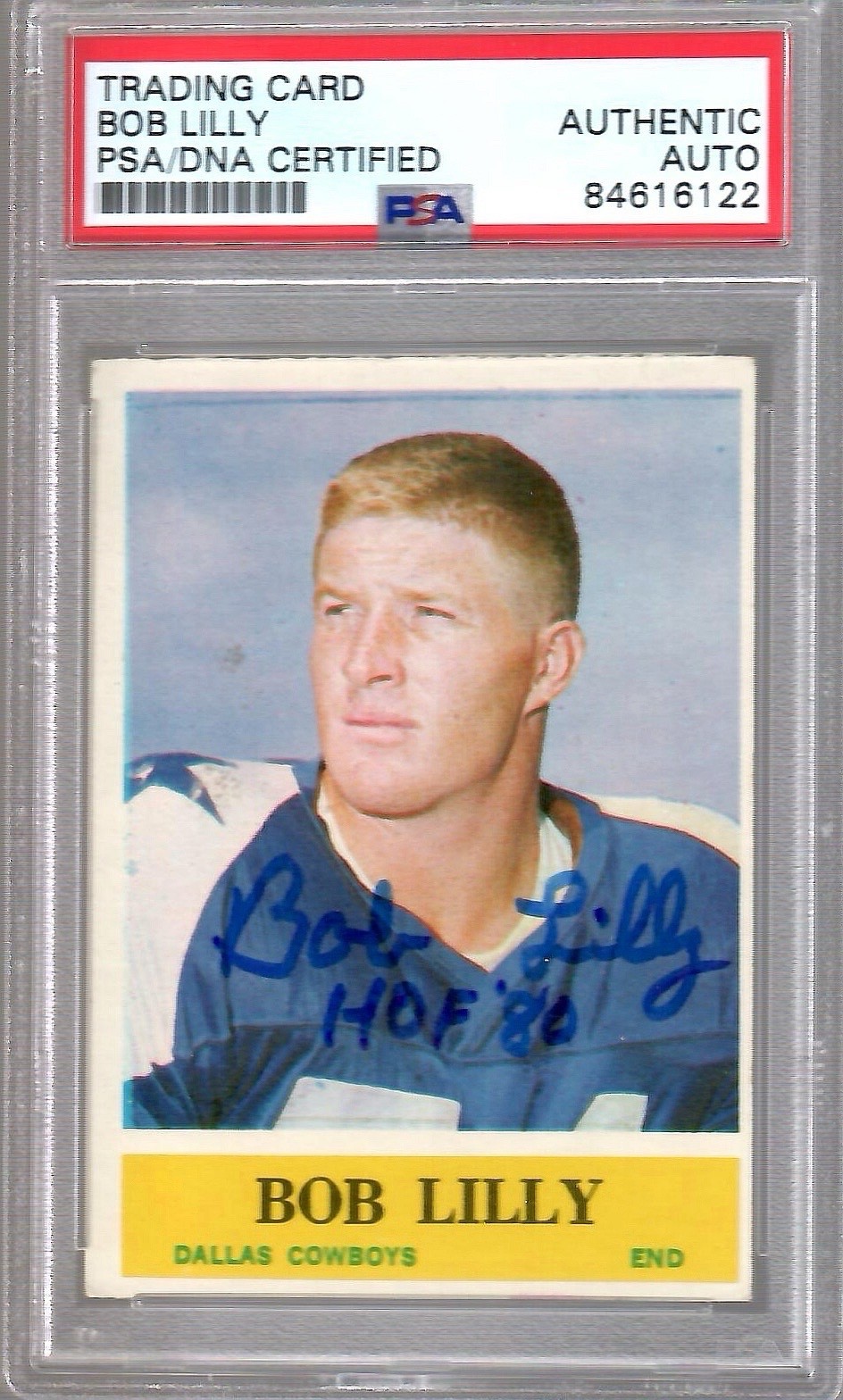 BOB LILLY HAND SIGNED 1964 TOPPS FOOTBALL CARD    2ND YEAR CARD     PSA SLABBED COLLECTIBLE MEMORABILIA