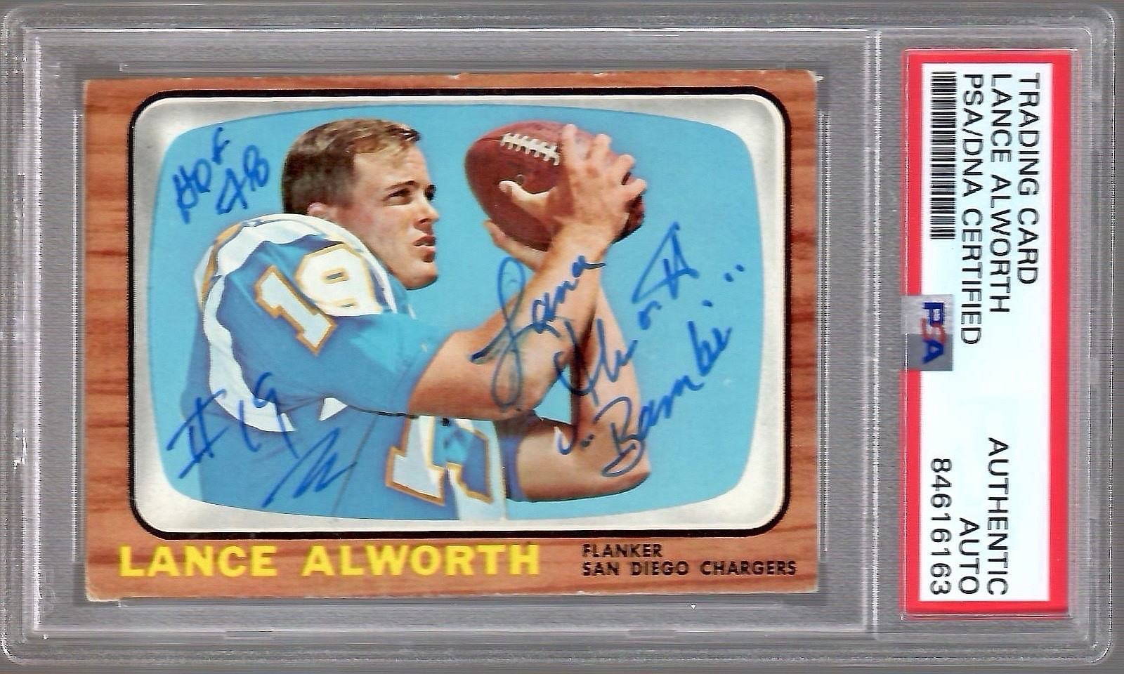 LANCE ALWORTH HAND SIGNED 1966 TOPPS FOOTBALL CARD    FOOTBALL HOF   PSA SLABBED