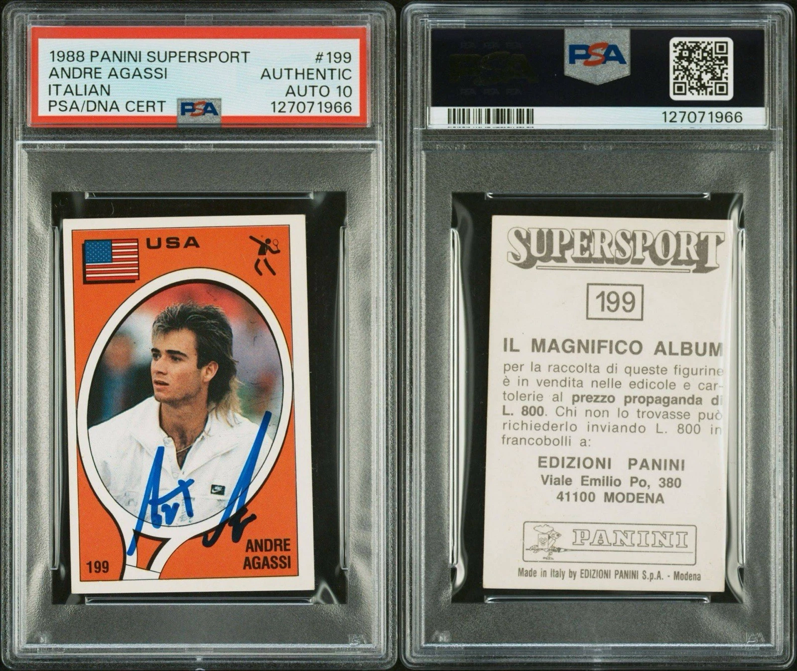 1988 Panini Supersport #199 Andre Agassi Signed Tennis Rookie PSA GEM 10 AUTO