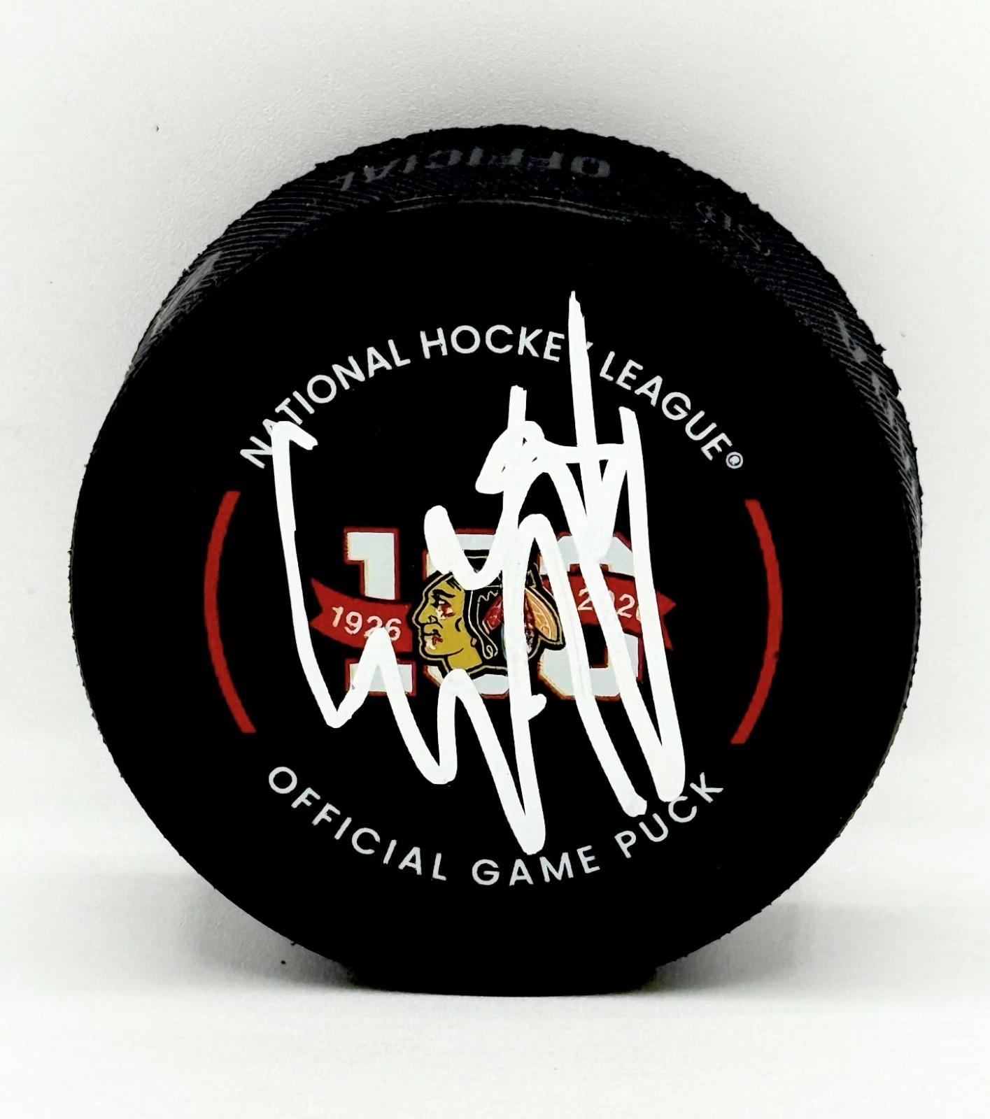 Connor Bedard signed Chicago Blackhawks 100th Anniversary Game Puck Beckett COA