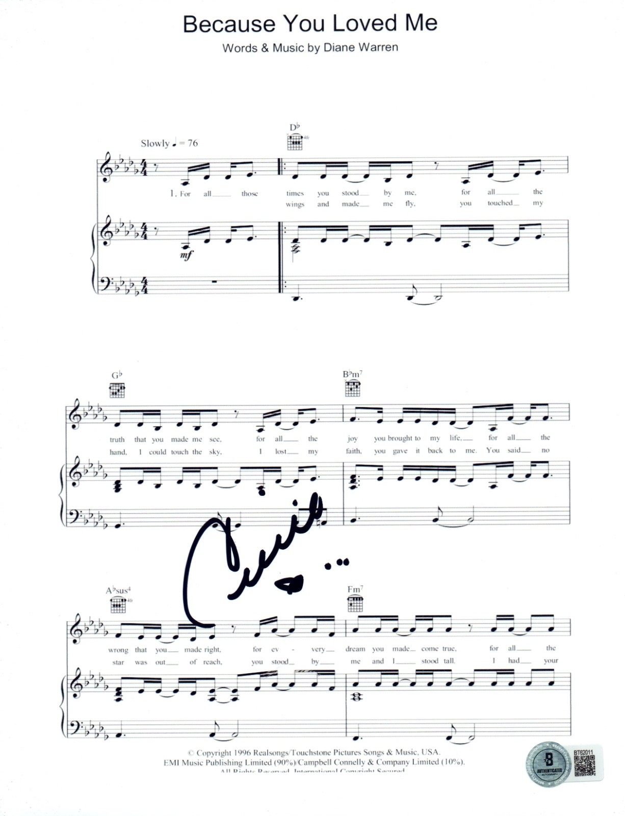 Celine Dion Signed Autograph 'Because You Loved Me' Sheet Music 8.5x11 Beckett