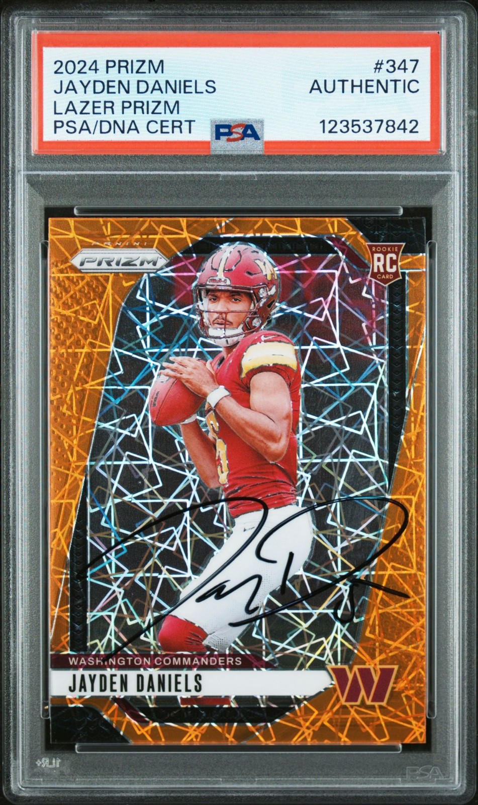Jayden Daniels Signed 2024 Prizm Orange Lazer Rookie RC card # 347 Auto PSA/DNA