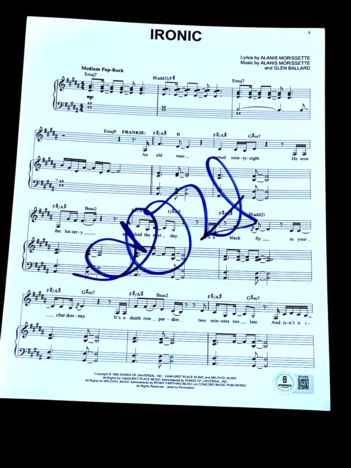ALANIS MORISSETTE SIGNED AUTOGRAPH SHEET MUSIC IRONIC BECKETT BAS AUTO COA E