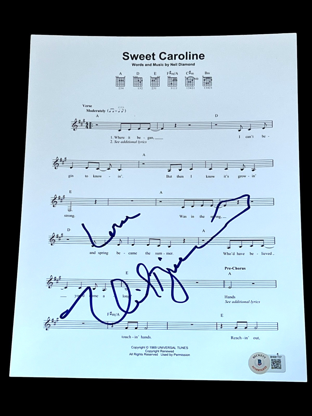 NEIL DIAMOND SIGNED AUTOGRAPH SHEET MUSIC SWEET CAROLINE BECKETT BAS AUTO COA