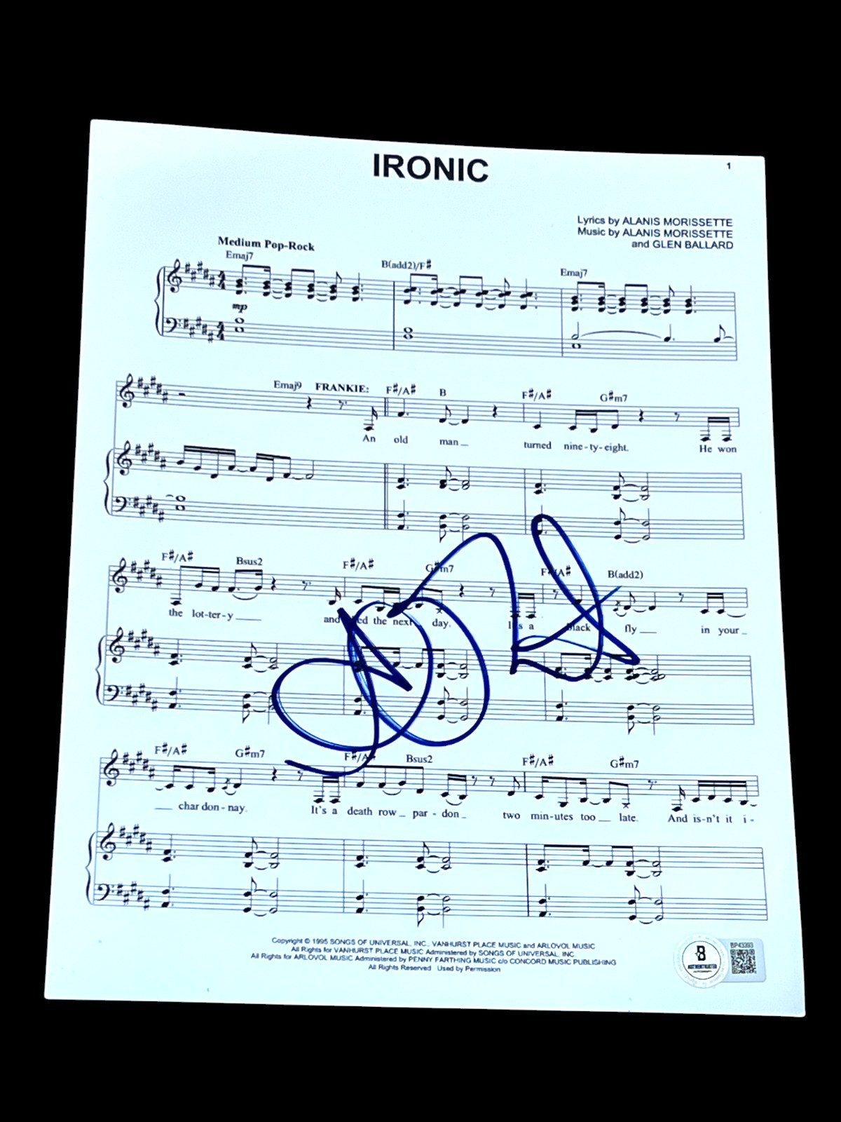 ALANIS MORISSETTE SIGNED AUTOGRAPH SHEET MUSIC IRONIC BECKETT BAS AUTO COA D