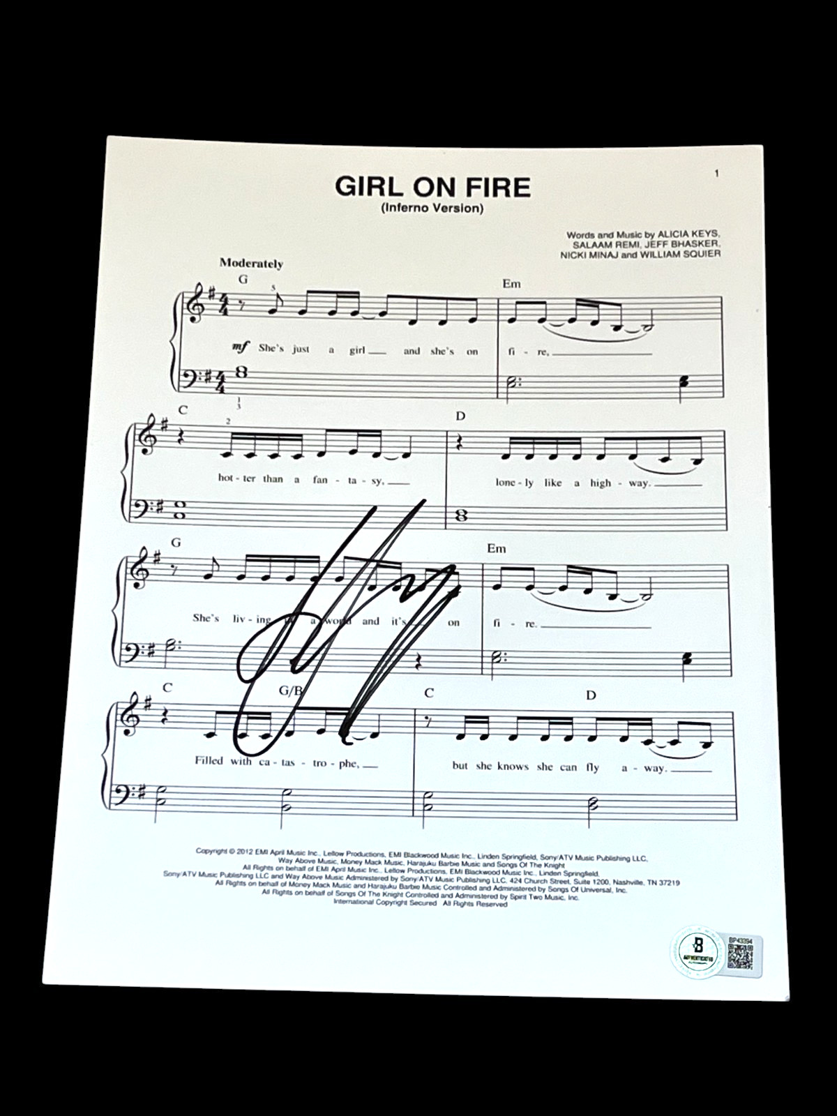 ALICIA KEYS SIGNED AUTOGRAPH SHEET MUSIC GIRL ON FIRE FALLIN BECKETT BAS COA D