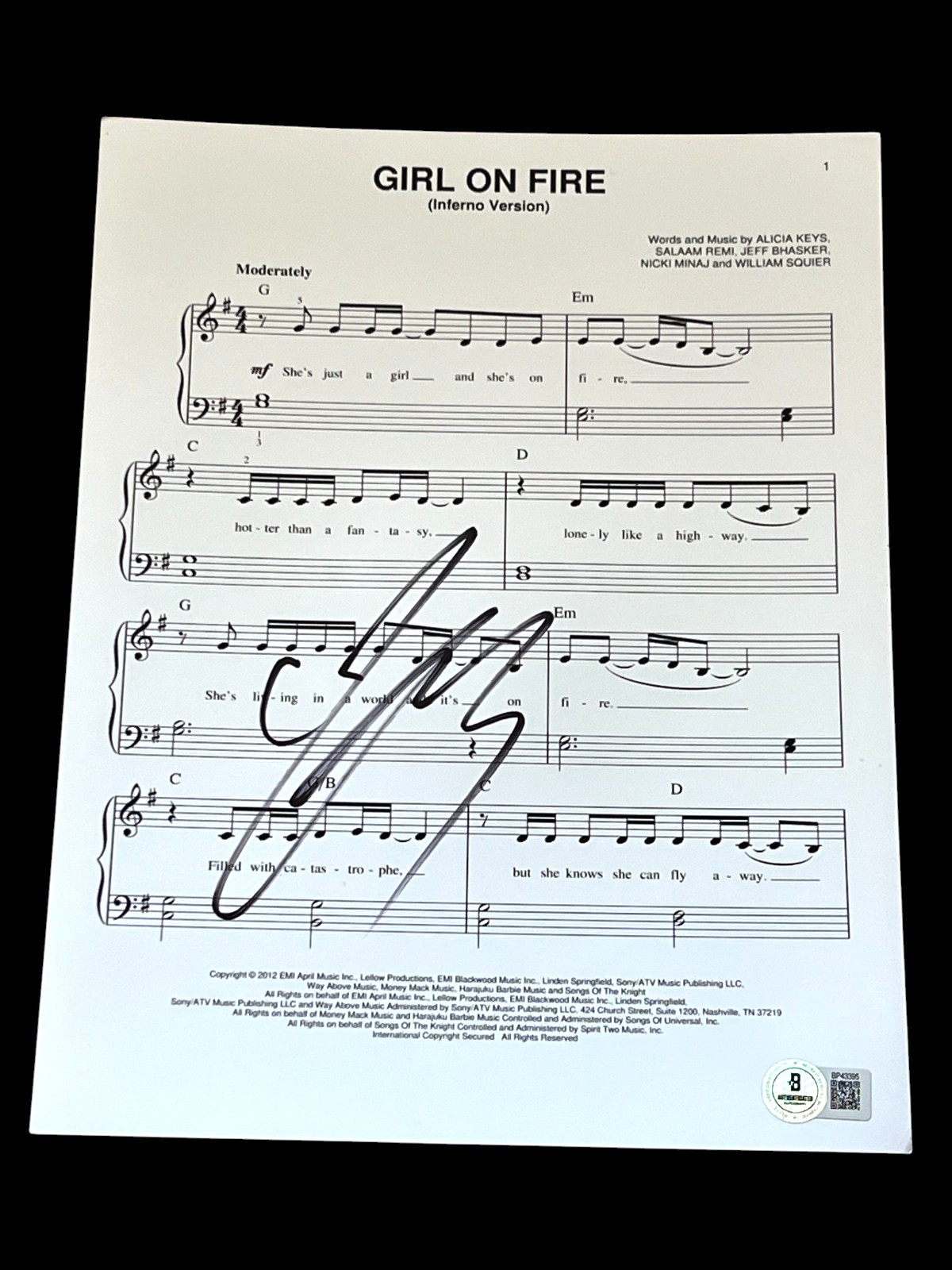 ALICIA KEYS SIGNED AUTOGRAPH SHEET MUSIC GIRL ON FIRE FALLIN BECKETT BAS COA E