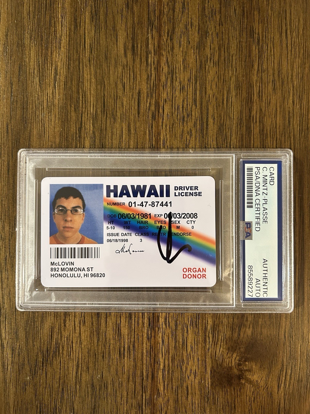 ‘CHRISTOPHER MINTZ-PLASSE’ SIGNED MCLOVIN FAKE ID LICENSE SUPERBAD PSA SLAB COLLECTIBLE MEMORABILIA