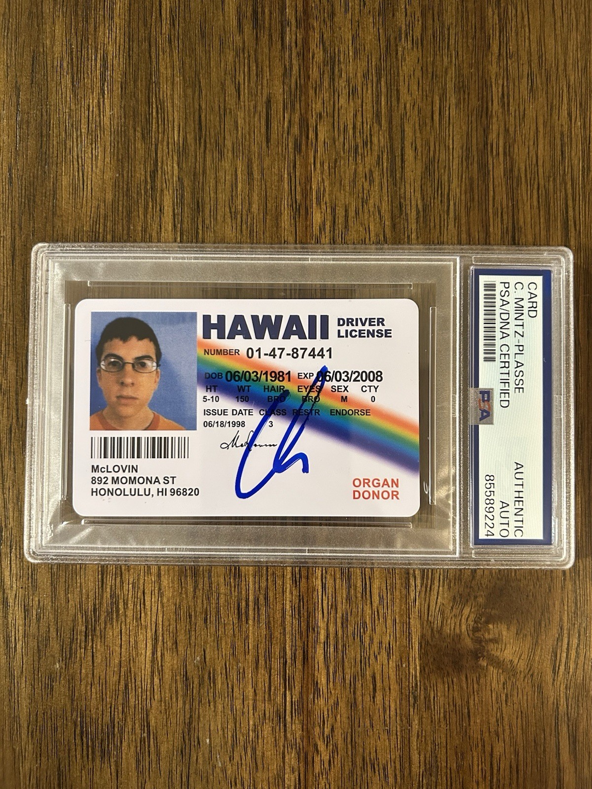 ‘CHRISTOPHER MINTZ-PLASSE’ SIGNED MCLOVIN FAKE ID LICENSE SUPERBAD PSA SLAB COLLECTIBLE MEMORABILIA