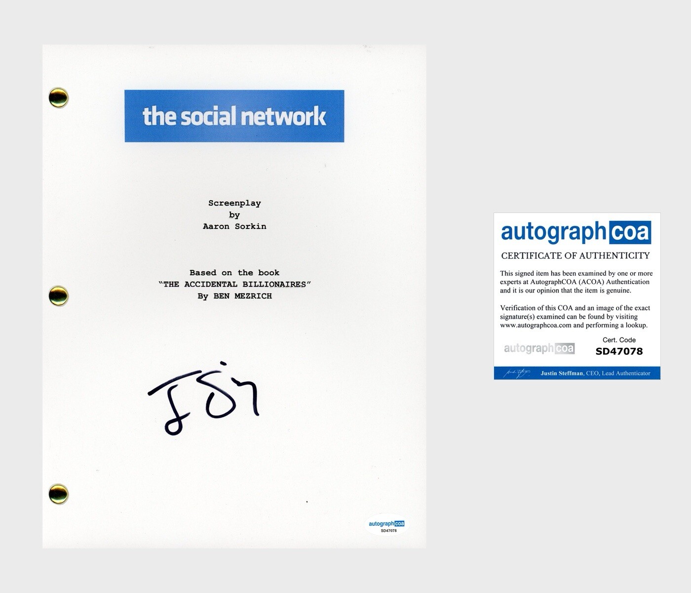 Jesse Eisenberg ‘The Social Network’ Signed Full Movie Script Screenplay ACOA